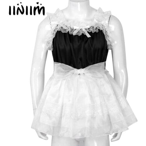 Mens Sissy Lingerie Baby Doll Dress Ruffled Lace Straps Tulle Dress with Waist Belt Novelty Gay Male Parties Night Club Costumes