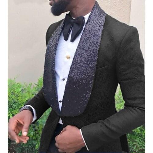 2020 Latest Coat Pant Designs Sequin Lapel Party Suits Black Tuxedo Slim Fit Men Wedding Suit 2 Piece Set Groom Best Man Blazer