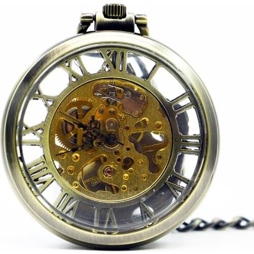 New Classic Mechanical Pocket Watch FOB Chain Steampunk Roman Dial Skeleton Hollow Steel Mens Pocket Watch PJX1229