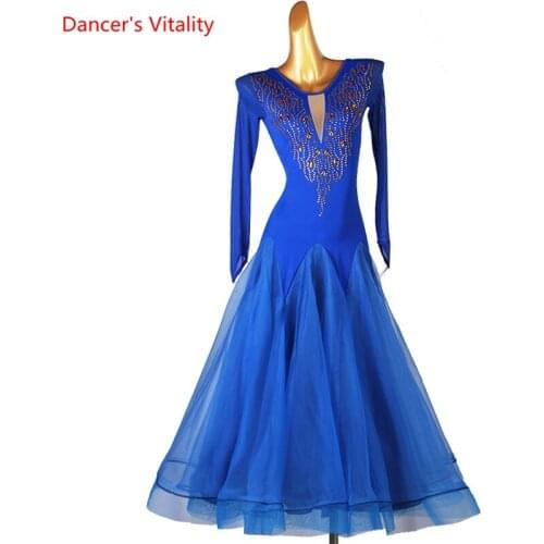 Ballroom Dance Dress Mesh Diamond-Studded Long Skirt Performance Clothes Profession Custom Adult Child Competition Clothing