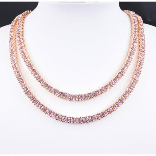 Rose gold pink crystal 1 row tennis chain hip hop womens necklace mens punk rapper singers iced out bling cz fashion jewelry
