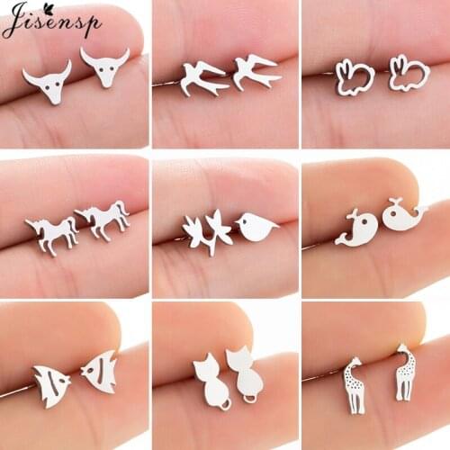 Cartoon Animal Stainless Steel Stud Earrings for Women Everyday Jewelry Small Cat Fish Unicorn Birds Earings Kids Birthday Gifts