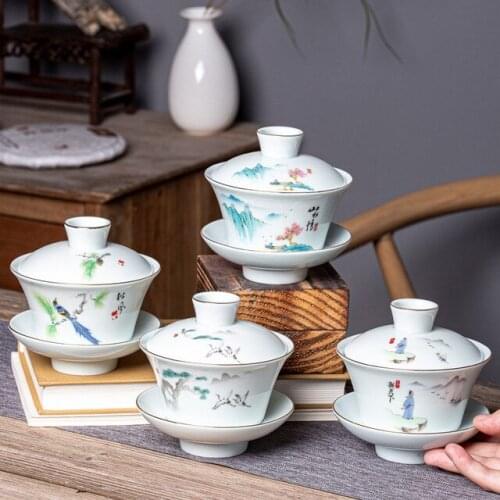 Garden bird gaiwan new arrival Sancai tea tureen ceramic large tracing gold teacup tea bowl