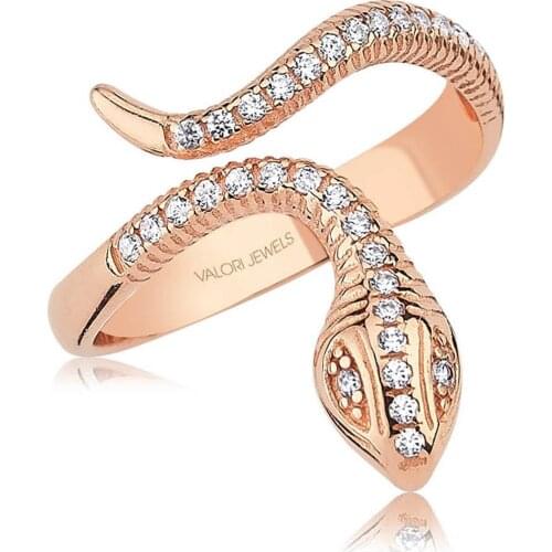 Valori Jewels Glowing Snake, Zirconia White Gemstone, Rose Gold Plated, Sterling Silver Ring