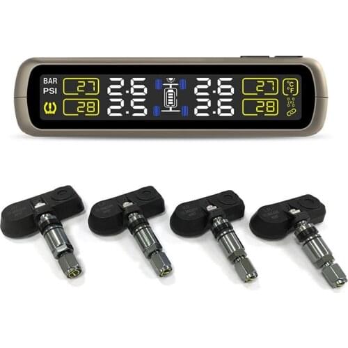 TPMS Tire Pressure Alarm With 4 Sensors USB Cable And Solar Panel Charging Built In High Temperature Resistant Lithium Battery