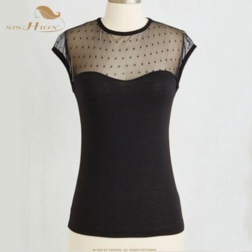 SISHION Women tshirt TS202-1 2021 Summer Transparent Lace Sexy Vintage Black Women T Shirt mesh top