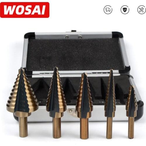 WOSAI 5pcs/Set HSS COBALT MULTIPLE HOLE 50 Sizes STEP DRILL BIT SET w/ Aluminum Case