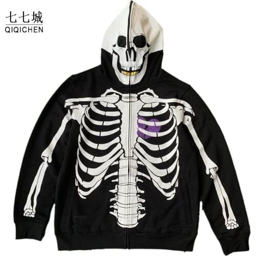 Skull Print Horror Sweatshirt Men Kanye West Zipper Goth Punk Harajuku Streetwear Skeleton Hoodie Hiphop Street Jacket Unisex