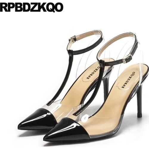 Pointed Toe Plus Size Slingback Red Stiletto Pumps Shoes Scarpin Transparent High Heels Patent Leather Women T Strap Pvc Black