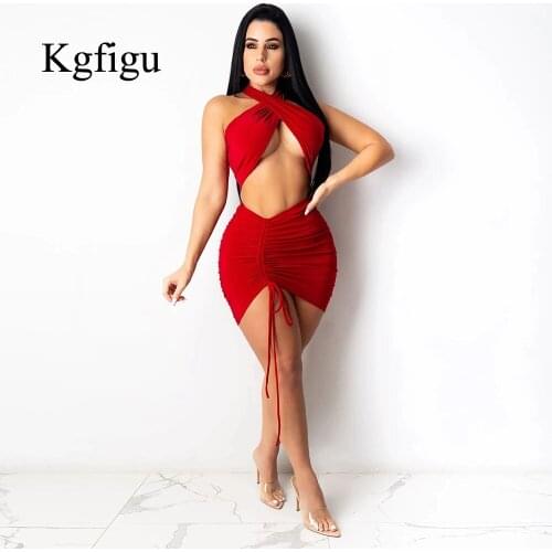 KGFIGU Knitting Red Party Club Two Piece Sets Women Sexy Halter Neck Sleeveless Cute Tops Lady Drawstring A-Line Skirts Outfits