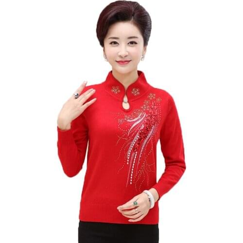High Quality Sweater Women New Pullover Spring Autumn Cheongsam Collar Plus Size Middle Aged Womens Knit Sweater Tops Female