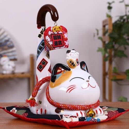 Japanese Ceramic Maneki Neko Lucky Cat Money Box Long Tail Fortune Cat Feng Shui Craft Home Decoration Wedding Gift