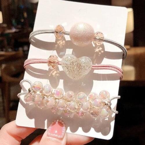 Women Hair Rope Crystal Imitation Pearl Hair Ring Set Heart Scrunchies Ponytail Headband Rubber Band Hair Accessories for Girls