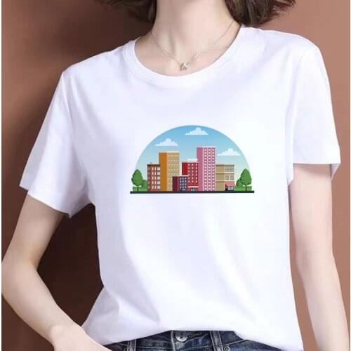 Women Vintage Style Fashion Cartoon Architecture Print Funny Summer T shirt Women Princess Short Sleeve Tees