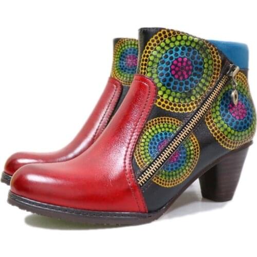 Retro Women Botas mujer Flower Genuine Leather Simple ZIP 3-5CM Thick High Heel Ankle Boots Shoes printing shoes for women 2020