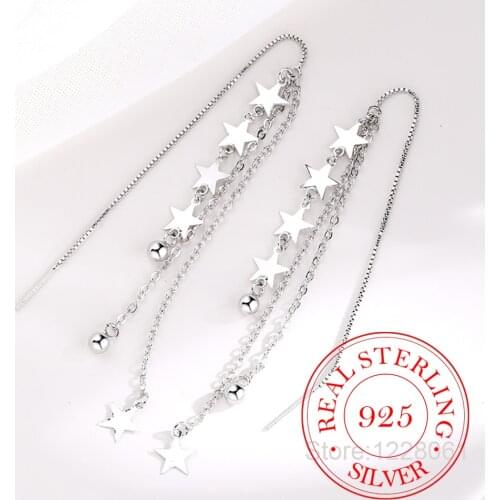 Fashion 925 Sterling Silver Tassel Long Chain Star Drop Earring for Women Girls Christmas Birthday Gift Jewelry