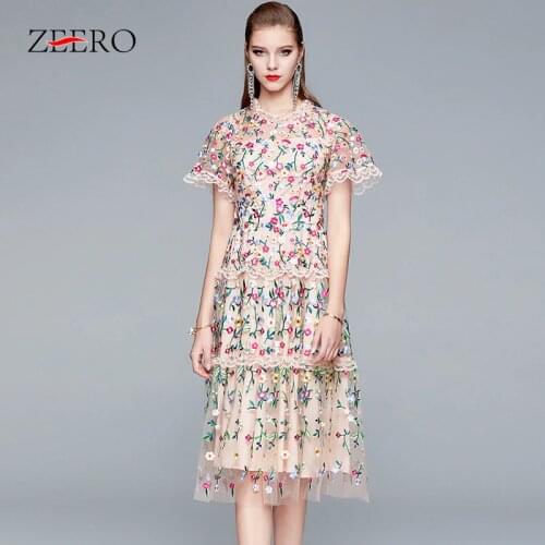 Summer Luxury Women Flowers Embroidery Mesh Patchwork Lace Midi Dress Elegant Female Plus Size Ruffles Party Dresses Vestidos