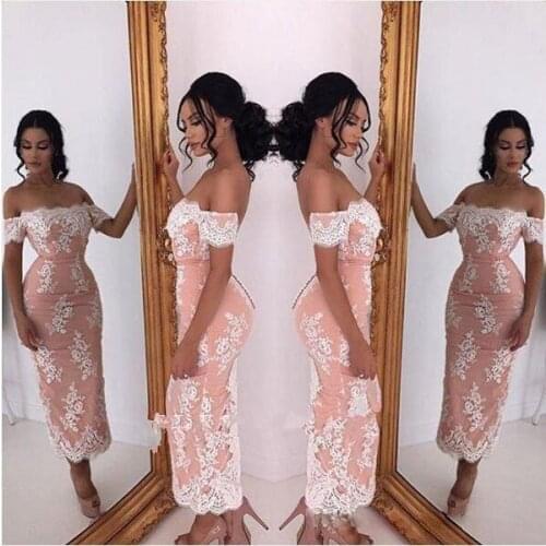 Off Shoulder Evening Gowns 2020 Tea Length Lace Appliqued Bateau Sheath Low Back Mother Of Bride Dresses