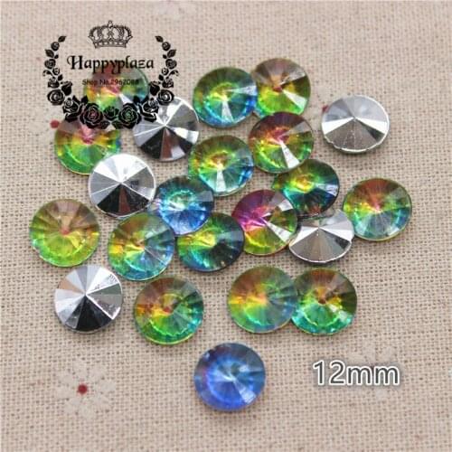 100pcs 12mm Shiny Rainbow Round Acrylic Rhinestone Facets Pointback Stone DIY Craft/Garment Button Decoration
