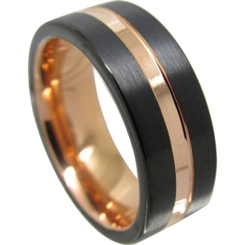 8mm Width Black Tungsten Ring for Engagement High Polished Mens Wedding Ring Band with Rose Gold Groove Outside Brushed Finish