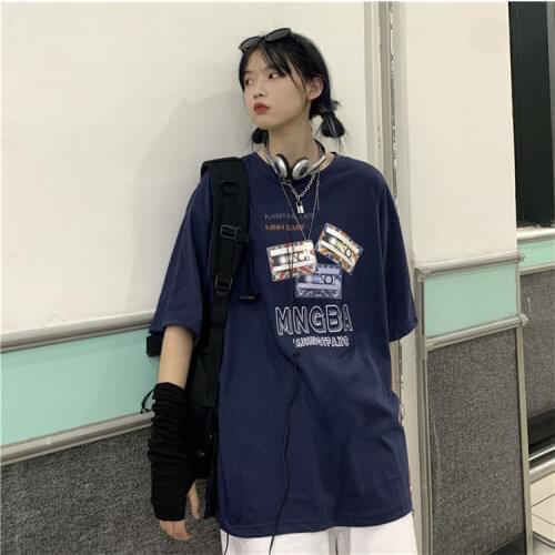 White Loose Summer Hip Hop Tee Ulzzang BF Vintage Harajuku College Short Sleeve Korean Clothes Printed Top Women T-shirt