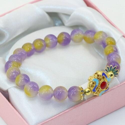 Exquisite multicolor natural stone chalcedony jades 8mm round beads cloisonne bracelets women girls gifts jewelry 7.5inch B2693
