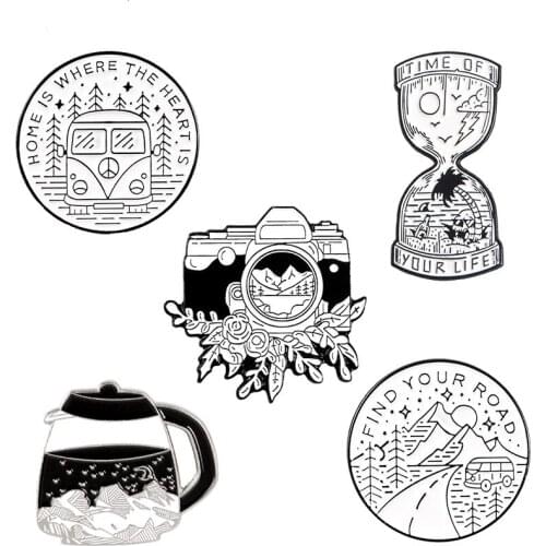 Record Landscape Enamel Custom Wholesale Pin White Camera Hourglass Kettle Brooch Landscape Mountain Seas Outdoor Jewelery Gift