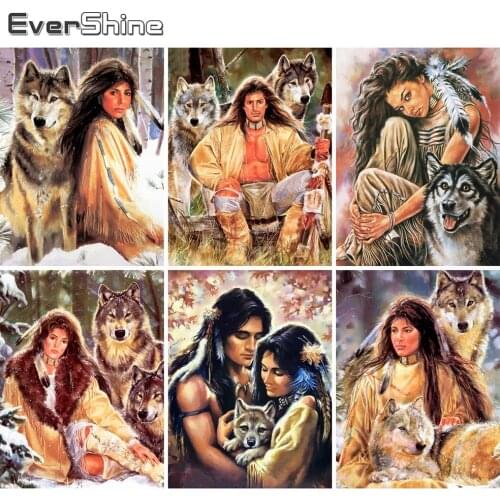 Evershine 5D DIY Diamond Painting Portrait Cross Stitch Animal Diamond Embroidery Wolf And Woman Rhinestone Mosaic Art Crafts