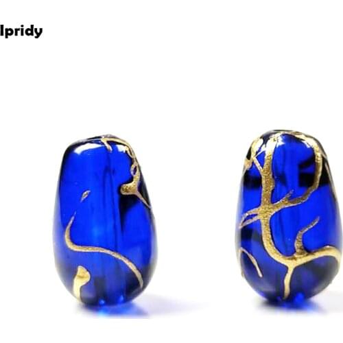 Ipridy Golden line effect Blue Color Spray Painted Teardrop Glass Beads, 8*13mm Hole: 1.5mm fit Stud earring Jewelry Making