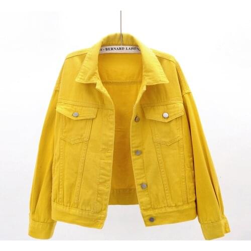 Autumn Solid Color Denim Jacket Women Korean Boyfriend Yellow Pink White Black Bomber Jeans Jackets Windbreaker Coat Streetwear