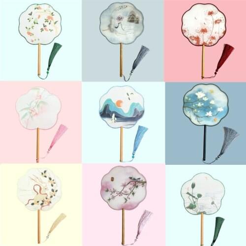 Chinese Style Polygon Group Fan Ladies Dancing Embroidery Hand Tassel Fan Vintage Pattern Art Craft Gift For Party Wedding Home