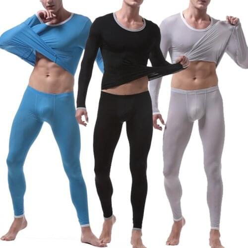 2PCS/set Men Sexy Ice Silk Long Johns Men Thermal Compression Set Underwear Transparent Bottom Underwear Thin Stretchy Legging