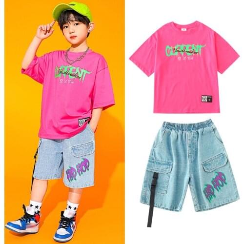 Boys Hip Hop Clothes Loose T-shirt Denim Hip Hop Pants Girls Summer Short Sleeve Hiphop Suit Street Dance Childrens Wear BL5848