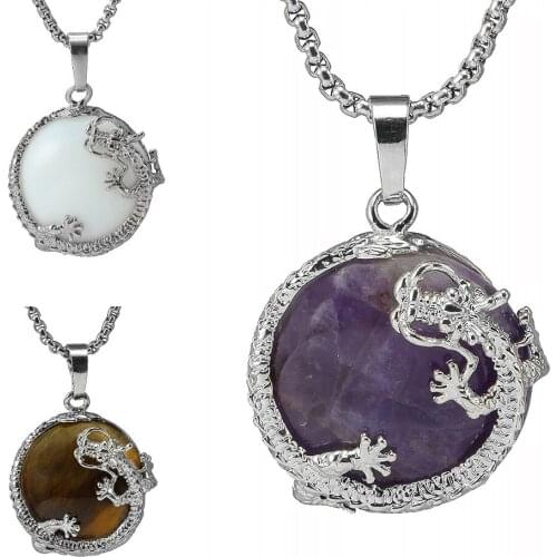 SUNYIK Half Ball Stone Dragon Pendant Fit Necklace Reiki Chakra Healing Jewelry (Free Chain)