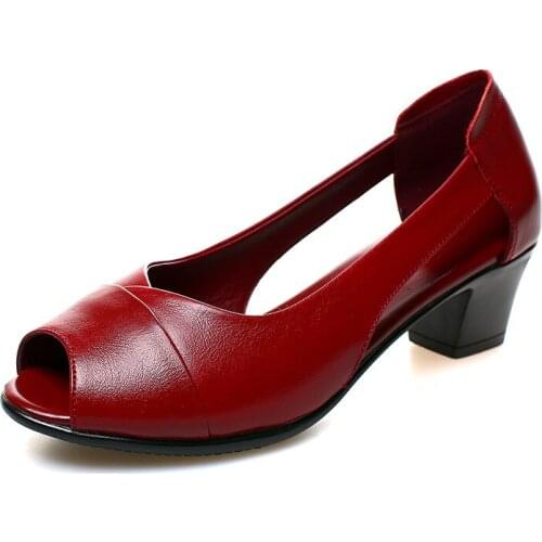 2019 Summer Genuine Leather Comfortable Ladies Mid Heel Sandals Women Shoes Hollow Peep Toe Square Heel Sandals Woman Black