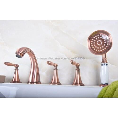 Widespread Antique Red Copper Bathroom Tub Faucet 3 handle 5 hole Deck Mounted Hand Shower Sprayer Ntf196