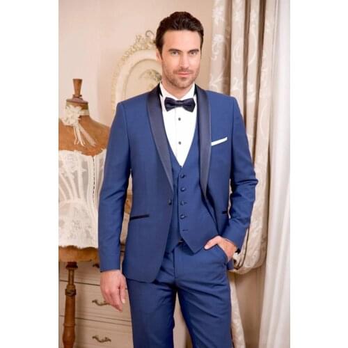 One Button Blue Groom Tuxedos Shawl Lapel Groomsmen Mens Wedding Prom Suits (Jacket+Pants+Vest+Tie) NO:253