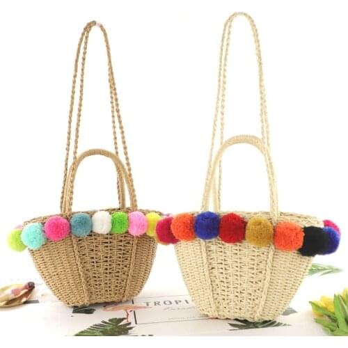New Rainbow Pom Pom Ball Straw Bags Woven Beach Holiday Shoulder Bag Large Capacity Solid Clear Color Crossbodybag for Women