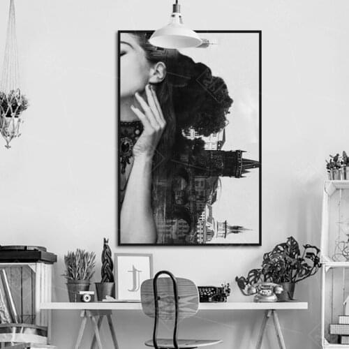 Modern Minimalist Canvas Painting Black and White Creative Character Silhouette architecture Posters Hd Print Wall Art Pictures