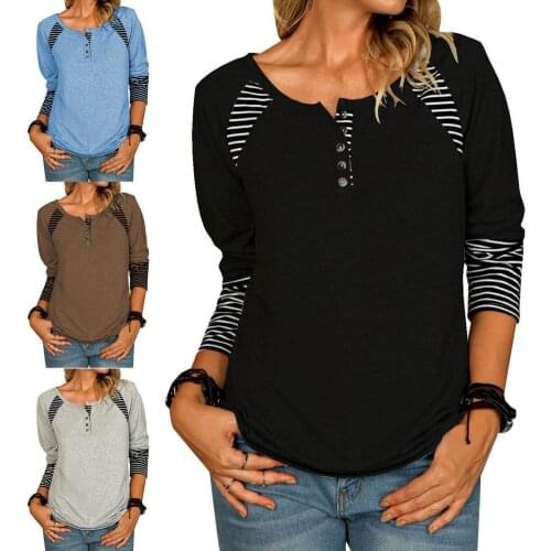 New Striped Print Stitching Women T-shirt Long Sleeve Autumn Winter O Neck Buttons Pullover Top Streetwear