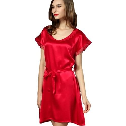 High quality womens summer real 100%silk luxury lace pullover nightgown solid colors mini sleep dress with belt