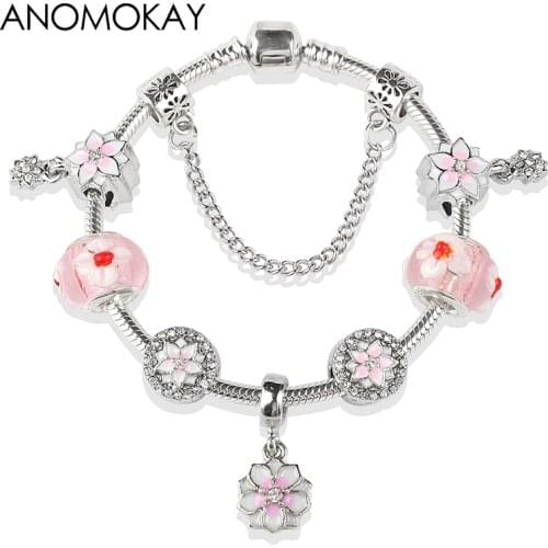 2020 New Arrivals Cherry Blossom Flower Charm Bracelets & Bangles White & Pink Enamel Plant Bead Bracelet for Women Girl Gift