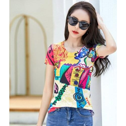 2021 summer new fashion womens pullover round neck exquisite printing pattern base short sleeve T-shirt women