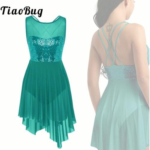 Adult Dance Leotard Dress Women Asymmetrical Mesh Chiffon Lyrical Dance Costumes Ballet Tutu Gymnastics Leotard Dance Dress