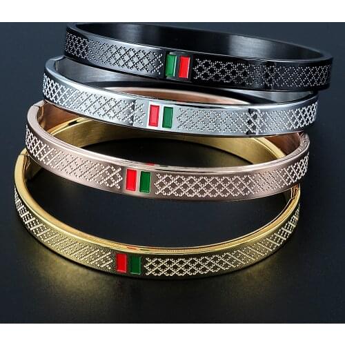 6mm 8mm Luxury Brand Green Red Cuff Bracelets For Women Men Couple Love Bangles Stainless Steel Rose Gold Jewelry Gift