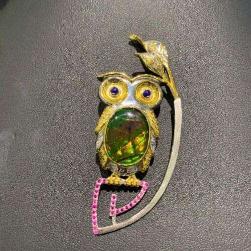 Natural stone ammolite owl brooch & pendant doulbe use unisex 925 sterling silver fine jewelry unique style the same as picture