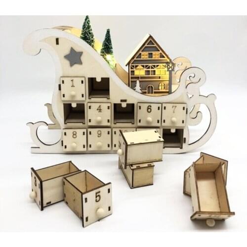 House Sleigh Wooden Advent Calendar Countdown Christmas Party Decor 24 Drawers U90A
