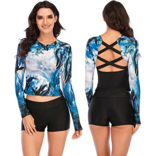 TYAKKVE Two Piece Rash Guard Women Long Sleeve Print Swimwear Bandage Swimsuit Brazilian Tankini Surf Bathing Suit Diving Suit