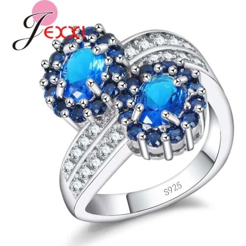 Trendy Double Blue CZ Crystal Flowers Finger Rings 925 Sterling Silver Cross Design Jewerly for Women Engagement