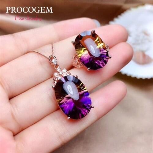Fireworks Cut Trendy Ametrine Jewelry sets for Women Party Gift Necklace Ring 13x18mm Big gems fine Jewelry 925 Sterling Silver